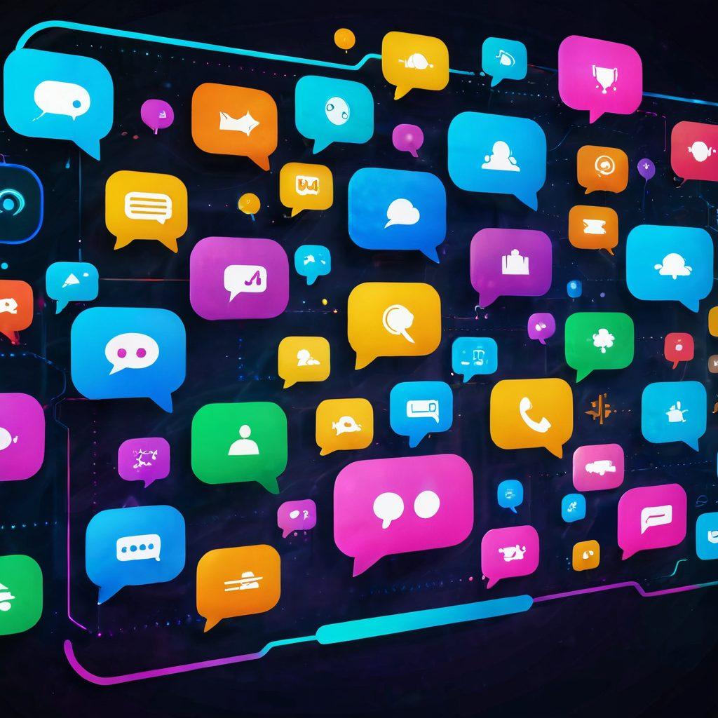 A futuristic chat interface showcasing vibrant chat bubbles and diverse users interacting in real-time. Include visual elements like notifications, emojis, and connection symbols representing communication power. Emphasize a digital atmosphere with abstract tech elements in the background. Bright, energetic colors to convey innovation and engagement. super-realistic. vibrant colors. 3D.
