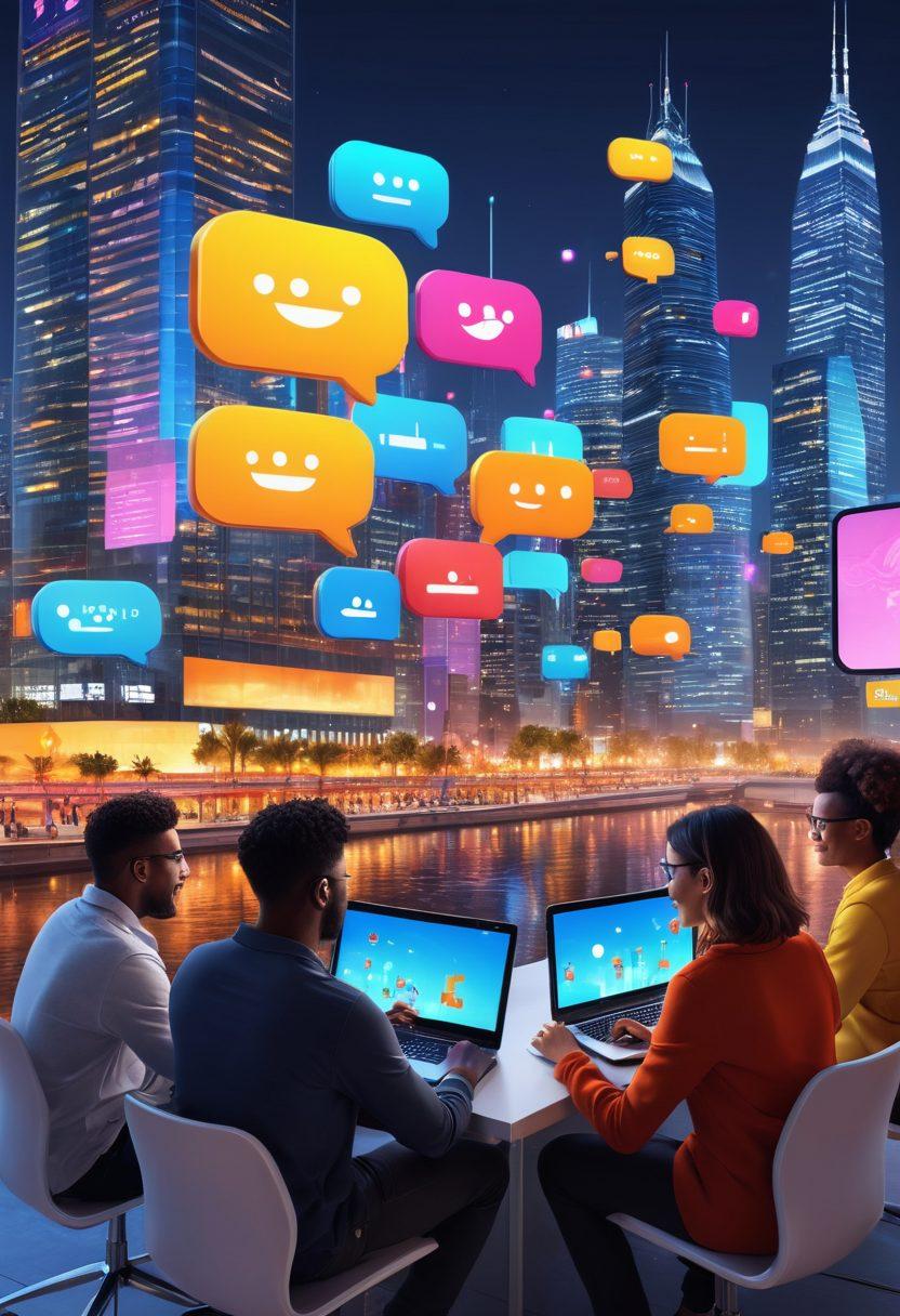 A vibrant digital landscape featuring diverse people engaging in online conversations through various devices. Include chat bubbles and emoticons that symbolize connection and community. Showcase elements representing different cultures and ideas, blending together in harmony. The background should depict a modern city skyline illuminated by dynamic digital screens. super-realistic. vibrant colors. 3D.
